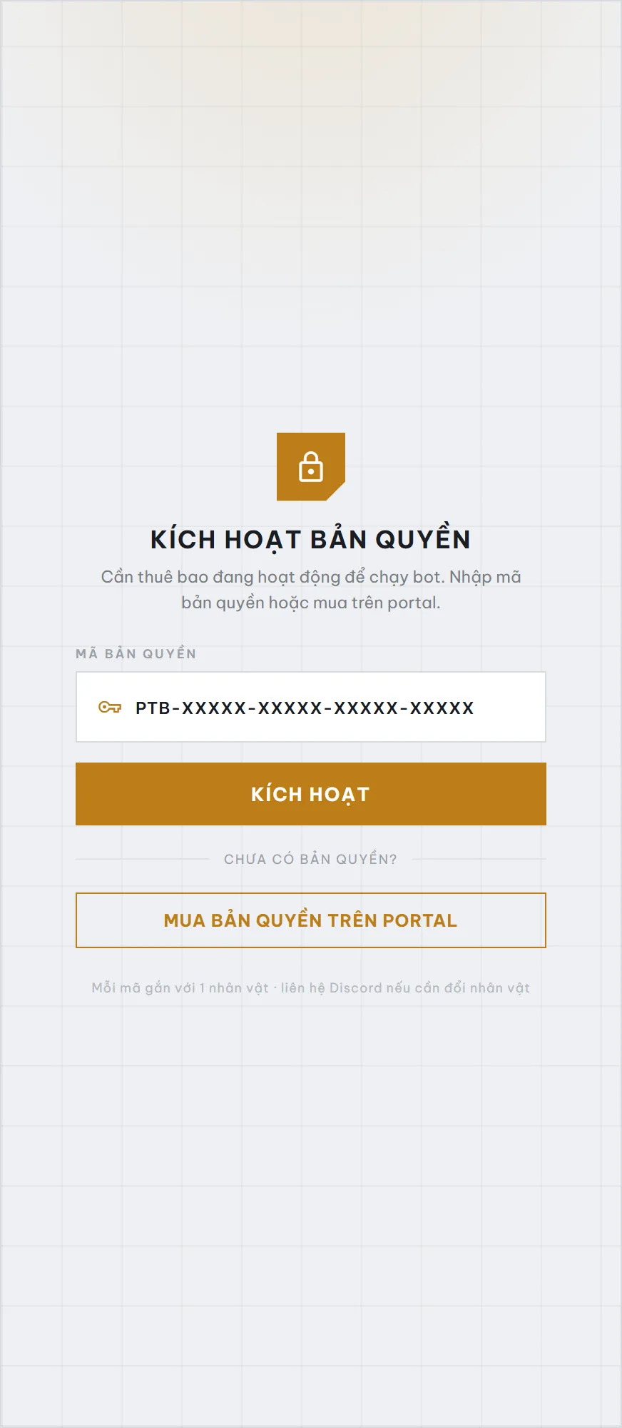 Màn hình kích hoạt bản quyền của PristonBot