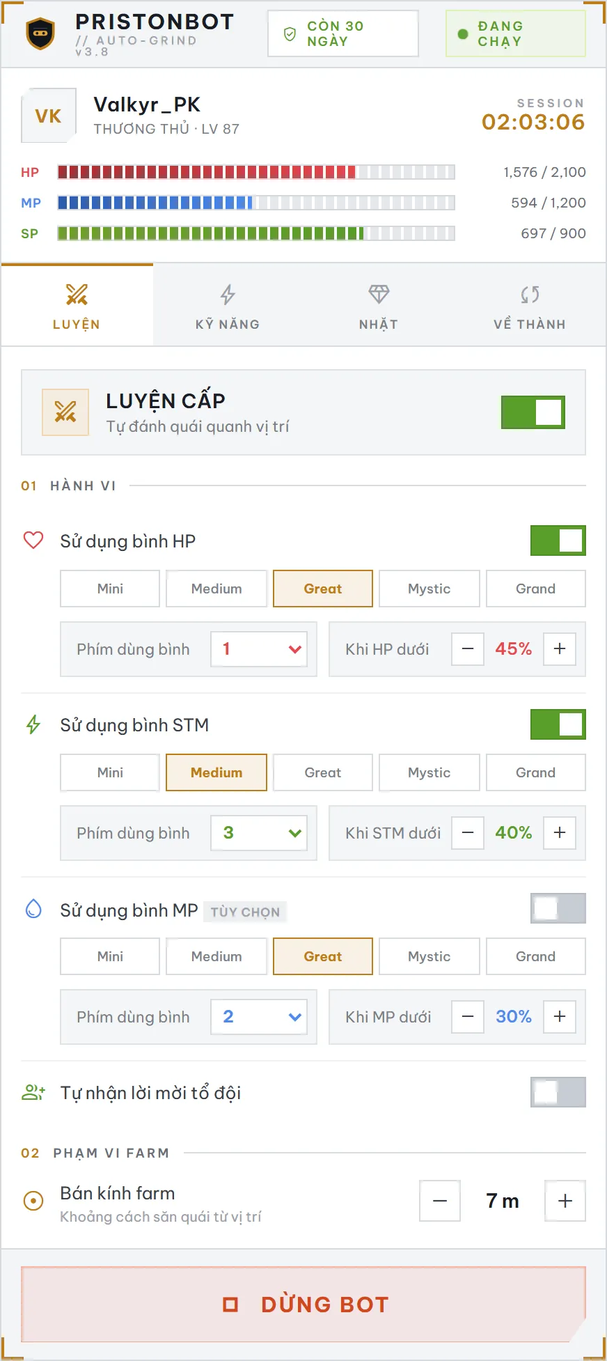 Thẻ Luyện: dùng bình, tổ đội, phạm vi farm