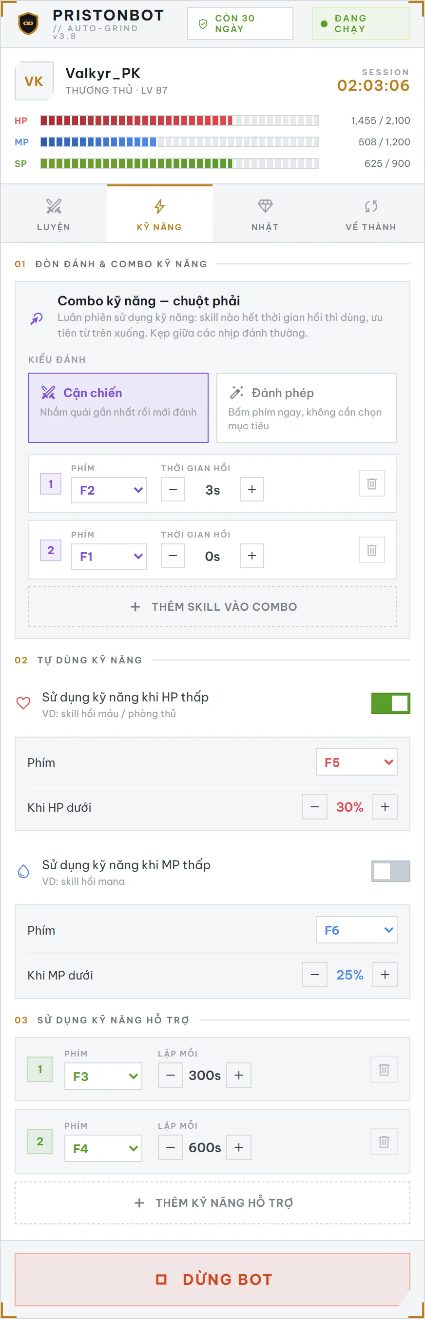 Thẻ Kỹ năng: combo, tự dùng kỹ năng, kỹ năng hỗ trợ
