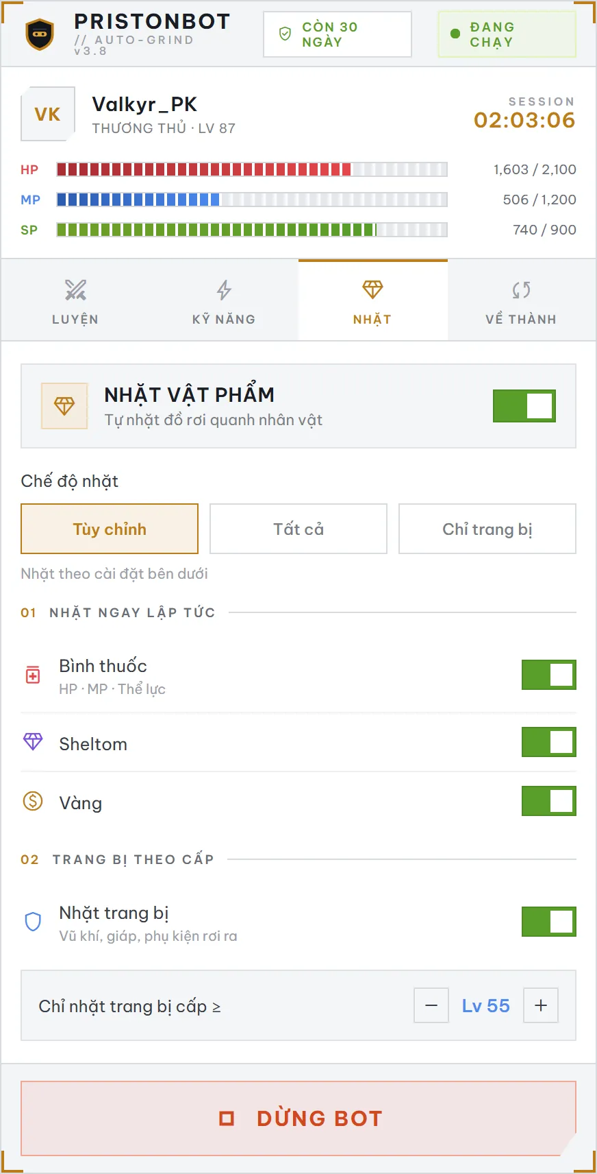 Thẻ Nhặt: chế độ nhặt, bình/Sheltom/vàng, trang bị theo cấp