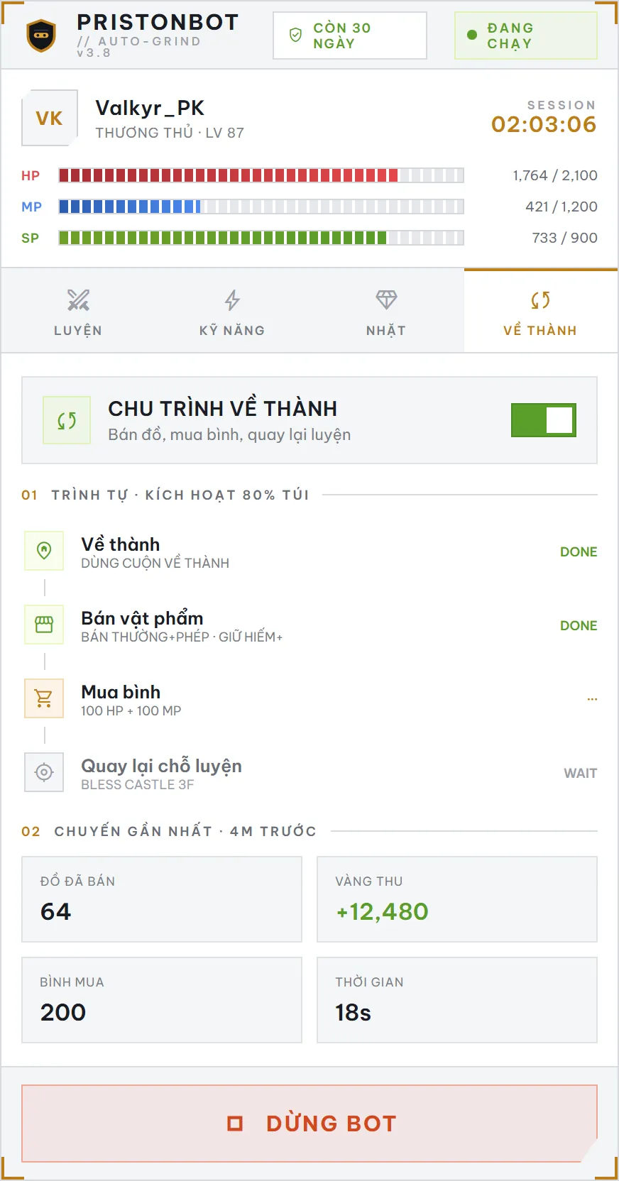 Thẻ Về thành: trình tự bán đồ, mua bình, quay lại luyện