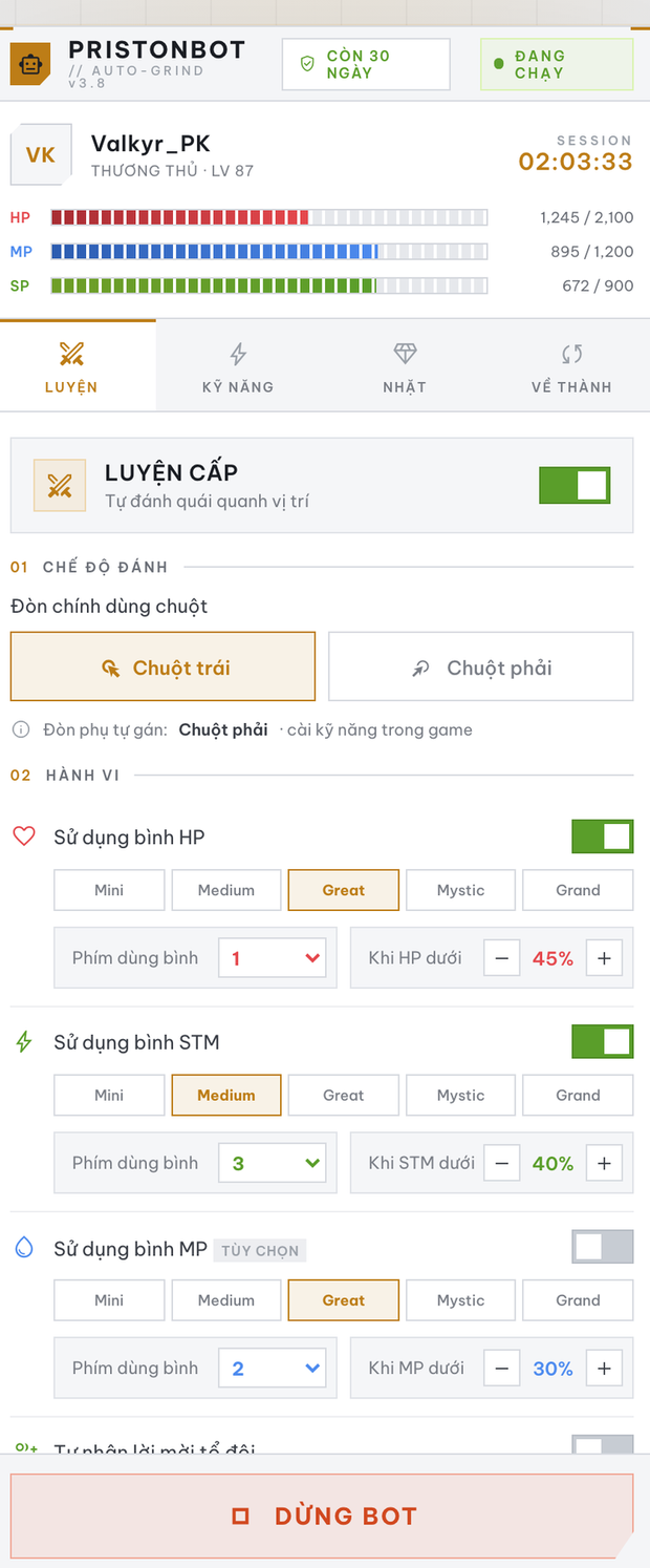 Giao diện PristonBot đang chạy: luyện cấp, bình máu, kỹ năng